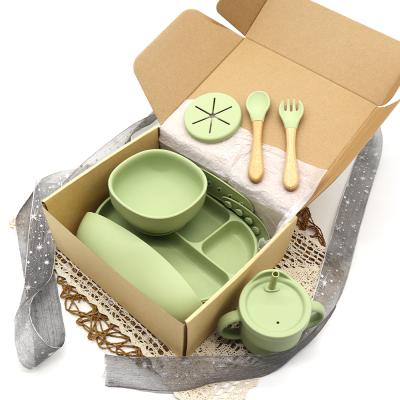 China Kids Children Dining Tableware Set Silicone Baby Bowl Suction Dish Bamboo Wooden Baby Fork And Feeding Spoon Set zu verkaufen