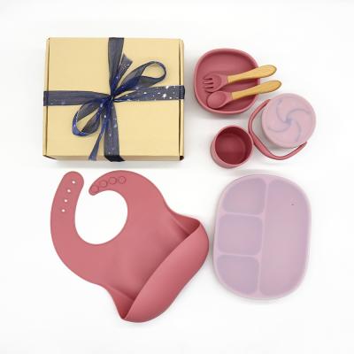 중국 Kids Children Rolls Baby Bib Toddler Dish Suction Dish Suction Spoon Cup 7 Pcs Food Grade Baby Silicone Feeding Sets 판매용