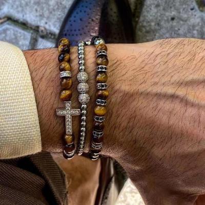 China Cute 3Pcs/Set Mens Gold Cross Tiger Eye Bracelet Set Stainless Steel Numbers Engraved Bracelet Braided Macrame Bracelets for sale