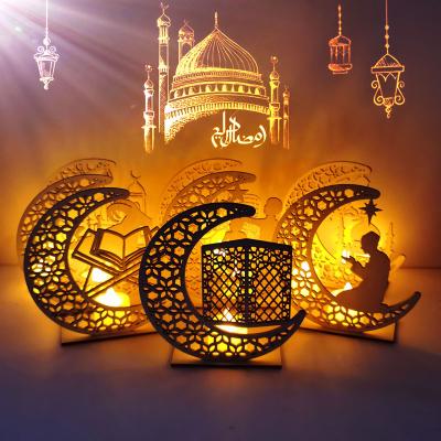 China Ramadan Lantern EID Mubarak Ramadan Decorations Muslim Kids Gift 2021 DIY EID Lantern Wooden Moon LED light for sale