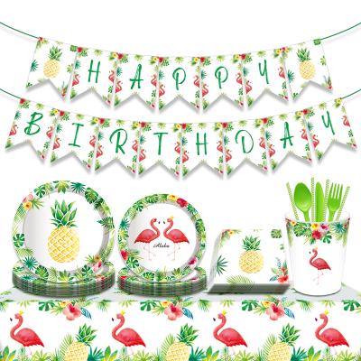 China Hawaii Party Decoration Serves 8 Hawaii Flamingo Pineapple Tableware Set Disposable Birthday Party Supplies Banner Plates Luau Summer Party Decor for sale