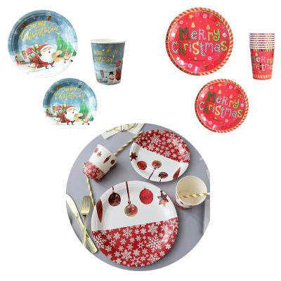 China Santa Snowflake Merry Christmas Disposable Disposable Tableware Set Paper Plate Cup Tableware Set for sale