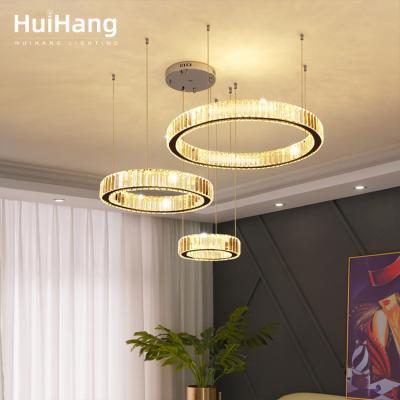 China HUIHANG Modern Crystal Stainless Steel Round Modern Stepless Dimming Indoor Living Room Multi Watt Remote Control Led Pendants Light for sale