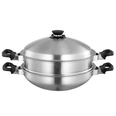 China Sustainable 304 Stainless Steel Chinese Queen Stirfry Steaming Wok With 3layers Steamer for sale