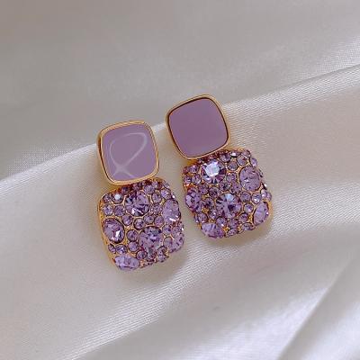 China TRENDY hot selling Korean Style Purple Square Crystal Rhinestone Earrings Elegant 925 Sterling Silver Needle Geometric Diamond Earrings for sale