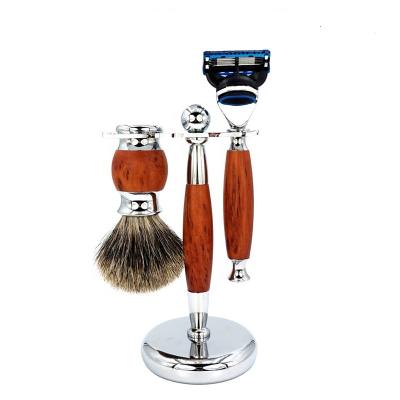 China Shaving Brush Badger Hair Shaving Brush Metal 5 Blades Safety Razor Wood Grain Luxury Wet Shaving Kit For Men for sale