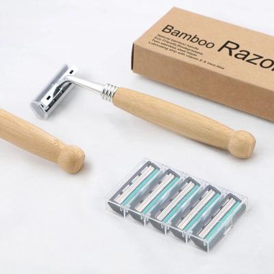 China 2 Layer Disposable Razor Twin Blade Eco-Friendly Wooden Bamboo Handle Reusable Manual With 5 Cartridge Refills for sale