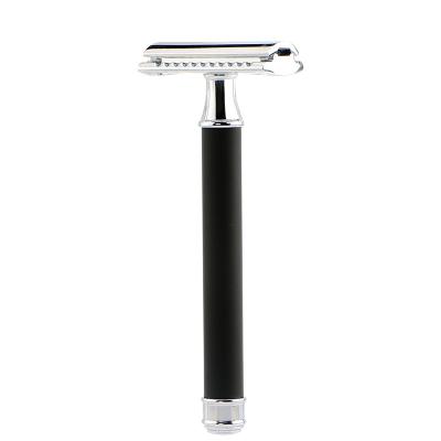 China Three Piece Comb Stainless Steel Open Edge Safety Razor Single Blade Black Double Handle for sale