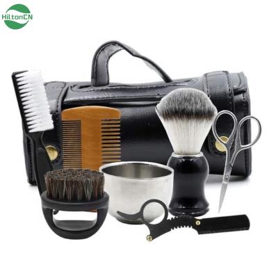 China Wholesale 7PCS Shaving Brush Beard Grooming Tools Travel Kit with Portable PU Leather Shaving Bag for sale