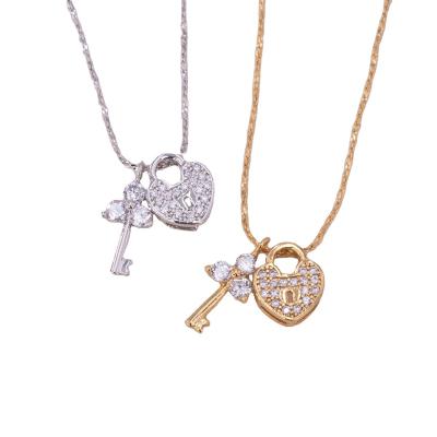 China Unique Simple Bling Gold TRENDY Pendant Necklace Full Diamond Lock Zirconium Key Necklaces Women Open Your Heart Necklace for sale