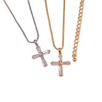 China Europe and America Gold Plated Tasty Brass Zircon Crystal Stone Water Drop Cross Link Chain Pendant Necklace For Women for sale