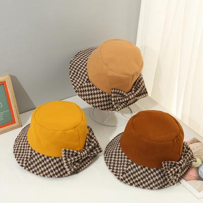 China Fashion To Keep Warm Autumn Retro Houndstooth Fisherman Hat Bow Spring Spiky Bucket Hat For Women for sale