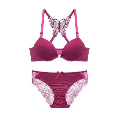 China Front Closure Back Cross Butterfly one piece lingerie lace bra panties set radio lift up bra sets with embroidery for sale