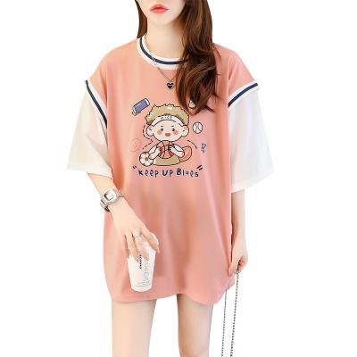 China Anti-pilling large women's wear short sleeve girl falsetwo printing crew neck T-shirt loose cartoon vest plus pseudo size two-piece T-shirt for sale