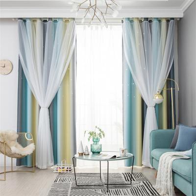 China Hollow Star Polyester Fiber Curtain Finished Product Custom Hollow Star Printed Stripe Shading Short Window Curtain Fabric for sale