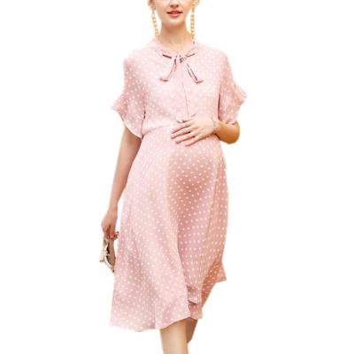 China 2021 Radiation Protection Polka Dot Knee Length Chiffon Ankara Maternity Dress Printed Pregnant Women Ruffle Sleeve Dress for sale