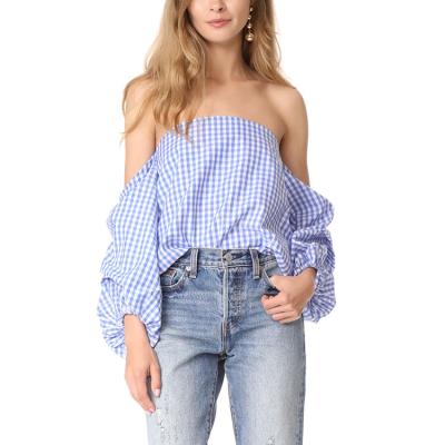 China Anti-pilling lady fashion gingham shoulder cropped puff sleeves design top for sale