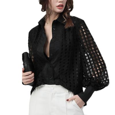 China 2021 Korean Anti-pilling Fashion See Mature Pointelle Lace Sleeve Ladies Shirt Blouses Tops for sale