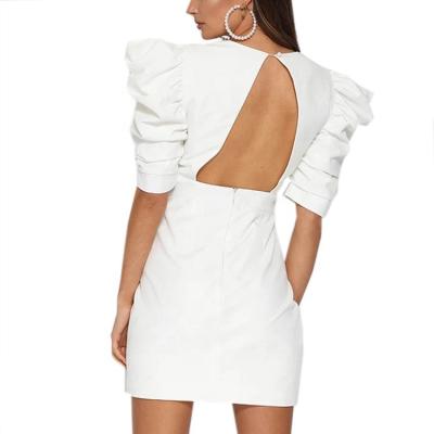 China 2020 Fashion Women Princess Sleeves Backless White Anti-Static Office Work Dresses for sale