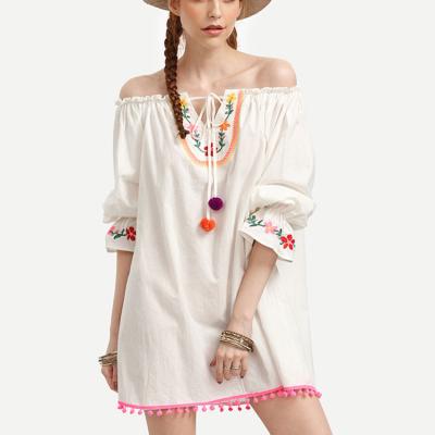 China Breathable Style 2020 Beaches Off The Shoulder Embroidered Pom Pom Detail Shift Dress for sale