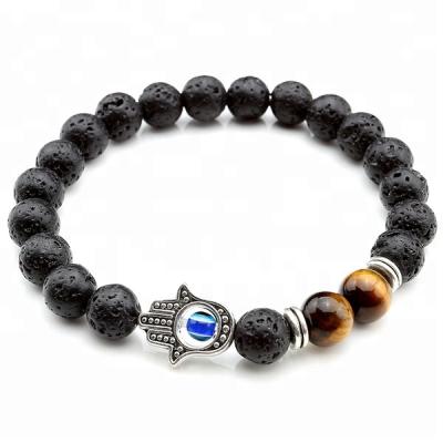 China Lava Stone Diffuser Bracelet For Khamsa Essential Oil /Perfume Gemstone Hand Charm Bracelet Silver Black for sale