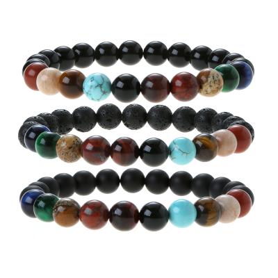 China 2020 Fashion 8mm Lava Bead Bracelet Natural Onyx Black 7 Chakra Stone Bead Bracelet DIY Set for sale