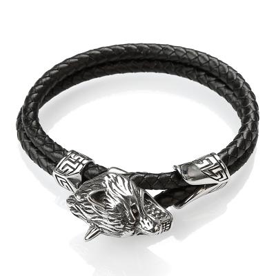 China Mens Genvine Leather Bracelets Luxury Stainless Steel Wolf Head Genuine Leather Mens Bracelets for sale