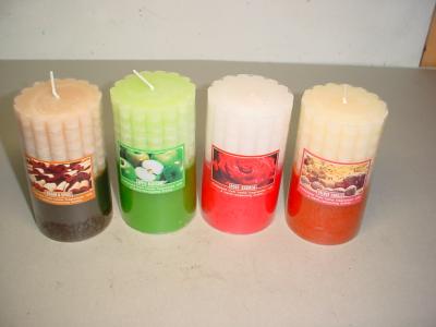 China 100% paraffin wax scented pillar candle with clear wrapping and printed label for sale