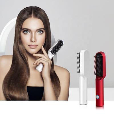 China USB Mini PTC Car Rechargeable Portable Professional Ceramic Flat Iron Curler 2 in 1 Comb Hair Straightener Styling Brush for sale