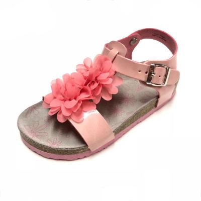 China New Design Microfiber Insole New Design PU Upper Flower Decorated Unique Cork Girls Sandals For Kids for sale