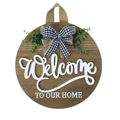 China Round Europe Wooden Welcome Door Sign With Flower Door Decoration Home for sale