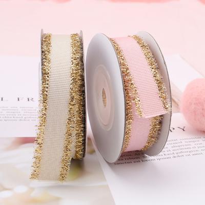 China High tenacity 15mm wholesale high quality 5/8 inch 5/8 inch gold metallic fringe edged mesh grosgrain ribbon for Christmas gift package for sale