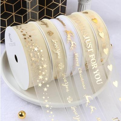 China Present 1 Inch Recyled DIY Gold Foil Wrapping Decoration Gift Ribbon Custom Printed Sheer Silk Organza Ribbon for sale