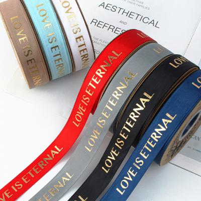 China Custom High Quality Recyled OEM Printing Gold Foil Ribbon, 1 Inch Printed Grosgrain Ribbon With Logo for sale