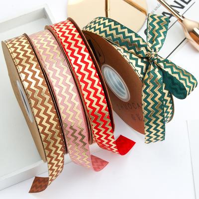 China Wholesale Customized Wave Pattern Recyled Brand Logo 1 Inch Polyester Printed Gold Foil Grosgrain Ribbon For Gift Wrapping for sale