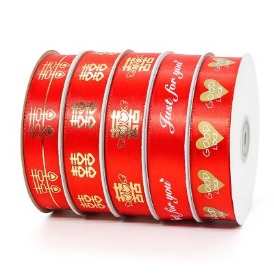 China Custom Recyled OEM Logo Letters Polyester Printed Satin Ribbon, Red Gift Packet Celebrate Wedding Decoration Ribbon for sale