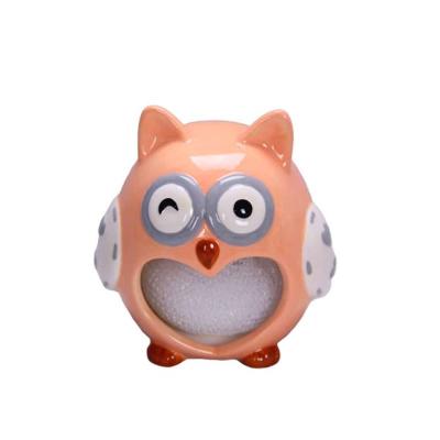 China Sustainable Owl New Design Ceramic Kitchen Sponge Holder With Hand Painting for sale