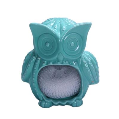 China Sustainable New Owl Design Colorful Ceramic Kitchen Sponge Holder With Hand Painting for sale