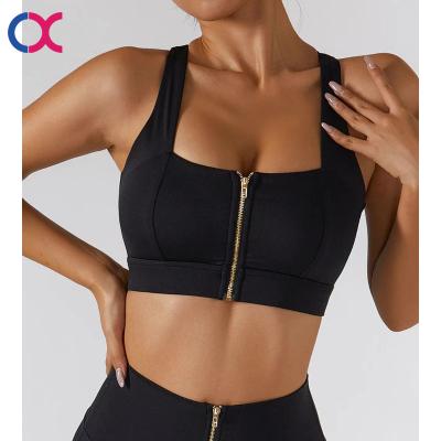 China Good OEM Women's Gym Yoga Bra Elastic Breathable Front Zipped Sports Bra Cross Shoulder Band High Quality Breathable for sale