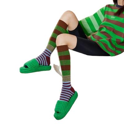 China Cotton Designer Socks Vintage Classic Stripe Contrast Calf Knocks Color Block Green Brown Knee High Socks for sale