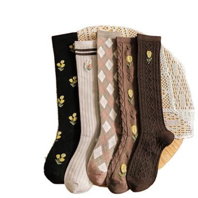 China Cotton Blends Vintage Style Tulip Knee-High Socks Comfortable Tube Khaki Bumps Knitted Woolen Socks for sale