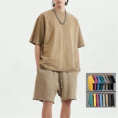 China Anti-wrinkle Plain Wholesale Sweat 2 Piece T Shirt And Shorts Sets Washed Oversize 100% Cotton Men Tshirt for sale