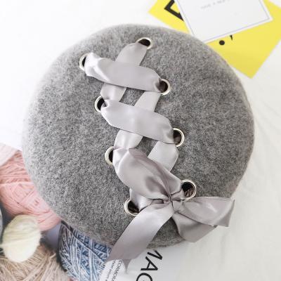 China New Arrival Soft Comfortable Cashmere Women's Vogue Hot French Hats Retro Knitted Ribbon Khaki Criss Cross Luxury Berets for sale