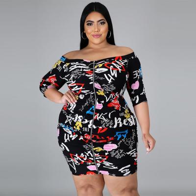 China Anti-static tie-dyed plus size fashion design letter print trends off the shoulder zipper ladies fit dress for sale