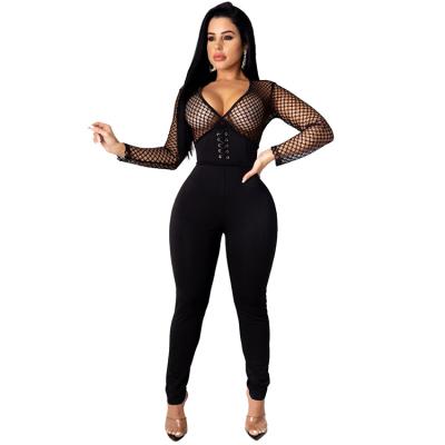 China Casual Women's Overalls Black One Piece Jumpsuit Mesh Play Suit Sexy Female Bandage Rompers Breathable Skinny Overalls Woman for sale