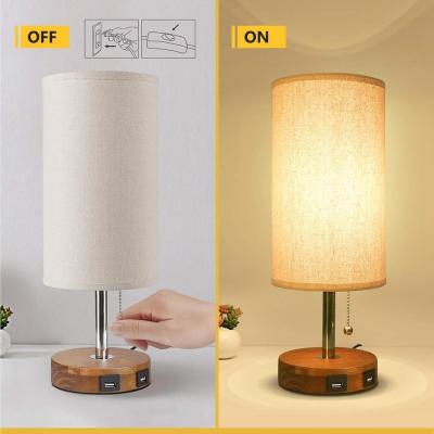 China Modern Yellow Wooden Low Bedside Desk Lamp With Dual USB Charging Ports Perfect For Bedroom for sale