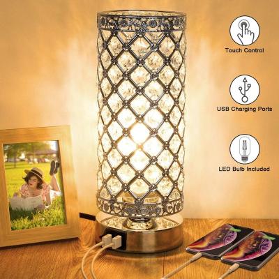 China 3 Way Dimmable Home Hotel Decor Nightstand Light Crystal Cylinder USB Table Lamp Reading Level 3 Light for sale