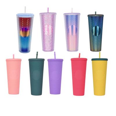 China Custom Reusable 710ml Diamond Durian Cup Matte Drink Coffee Mug Reusable Double Wall Studded Plastic Tumbler With Straw for sale