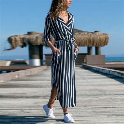 China Anti-Static Casual Short Sleeve Dress Women Stripe Dress Maxi Dress Shirt Dress for sale