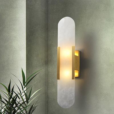 China Modern Luxury Spanish Marble Shade Brass Finish Minimalist Side Led Wall Light for sale